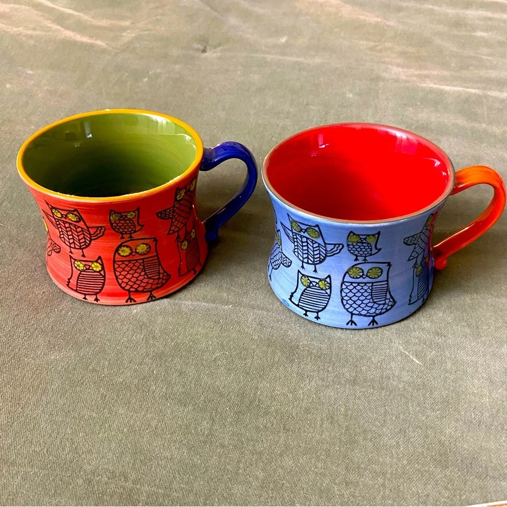 Pier 1 Imports Colorful Owl Design Stacking Mugs set of 2 UBM